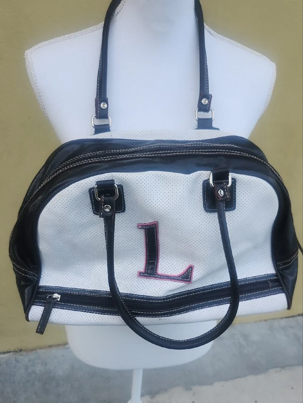 Y2k White Perforated Tote with Black Trim and Pink Monogram